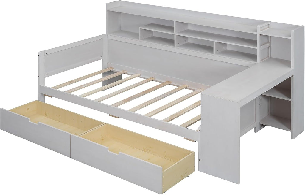 RuiSiSi Twin Size Daybed with Storage Drawers and Bookcase, Wood Daybed with Desk and Storage Headboard, Twin Corner Bed with Storage Shelves Drawers for Kids Teens Adults Bedroom, Antique White