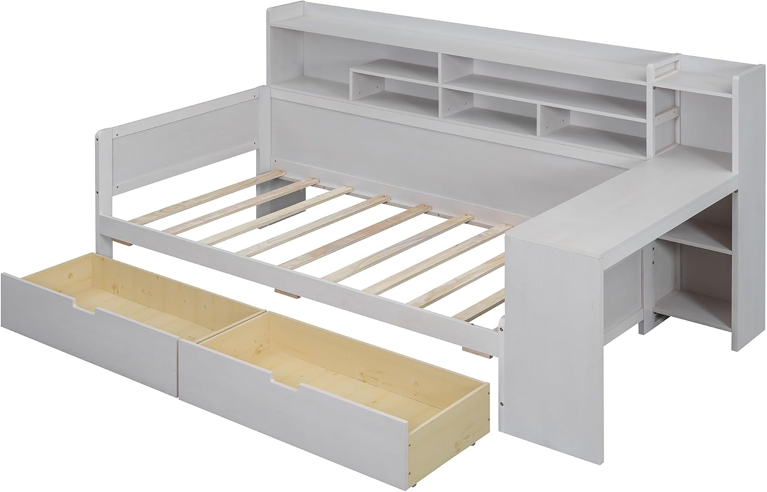RuiSiSi Twin Size Daybed with Storage Drawers and Bookcase, Wood Daybed with Desk and Storage Headboard, Twin Corner Bed with Storage Shelves Drawers for Kids Teens Adults Bedroom, Antique White