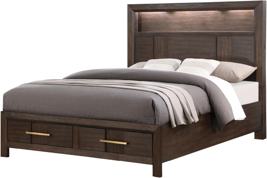 Full 4PC Storage Bedroom Set Made with Wood, LED Headboard, Speakers USB Ports Walnut