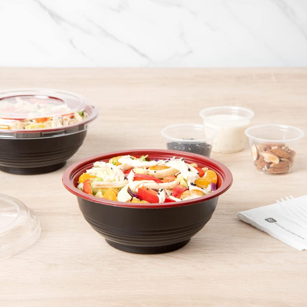 Restaurantware 18 Ounce Food Containers 200 Disposable Salad Bowls - Lids Included Microwavable Black And Red Plastic To Go Bowls Asian Inspired Perfect For Picnics Or Take Outs
