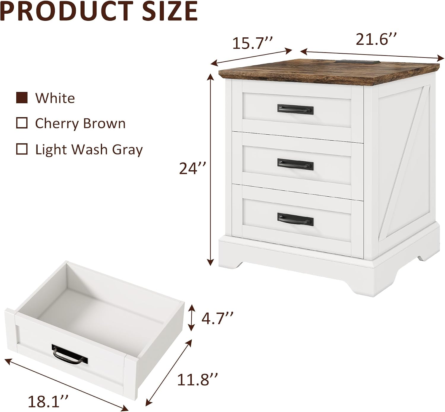 Whalefall Farmhouse Nightstand with Charging Station, 3 Drawers Bedside Table, 22 inch Wide End Table for Bedroom, White