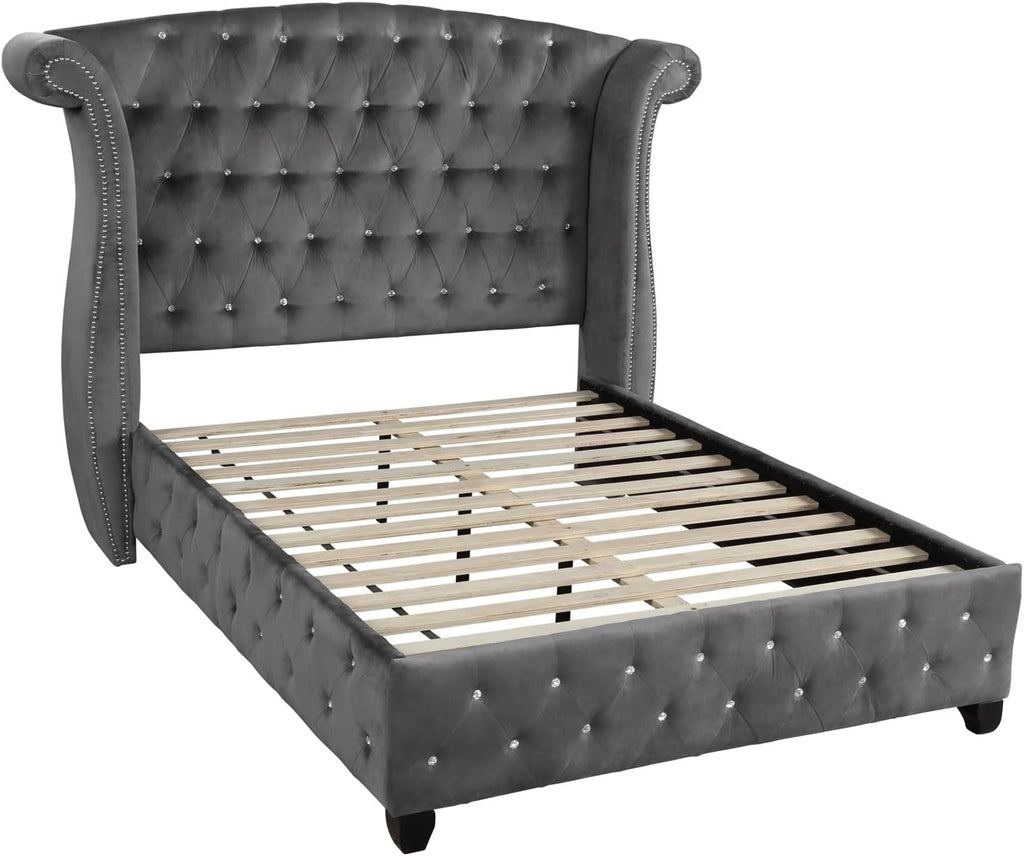 Luxury Bedroom Furniture Set - Modern Elegance with Crystal Tufted Detail, Spacious Storage, Ball Bearing Glides, and Dovetail Drawer Joints (Grey,Full Bed)