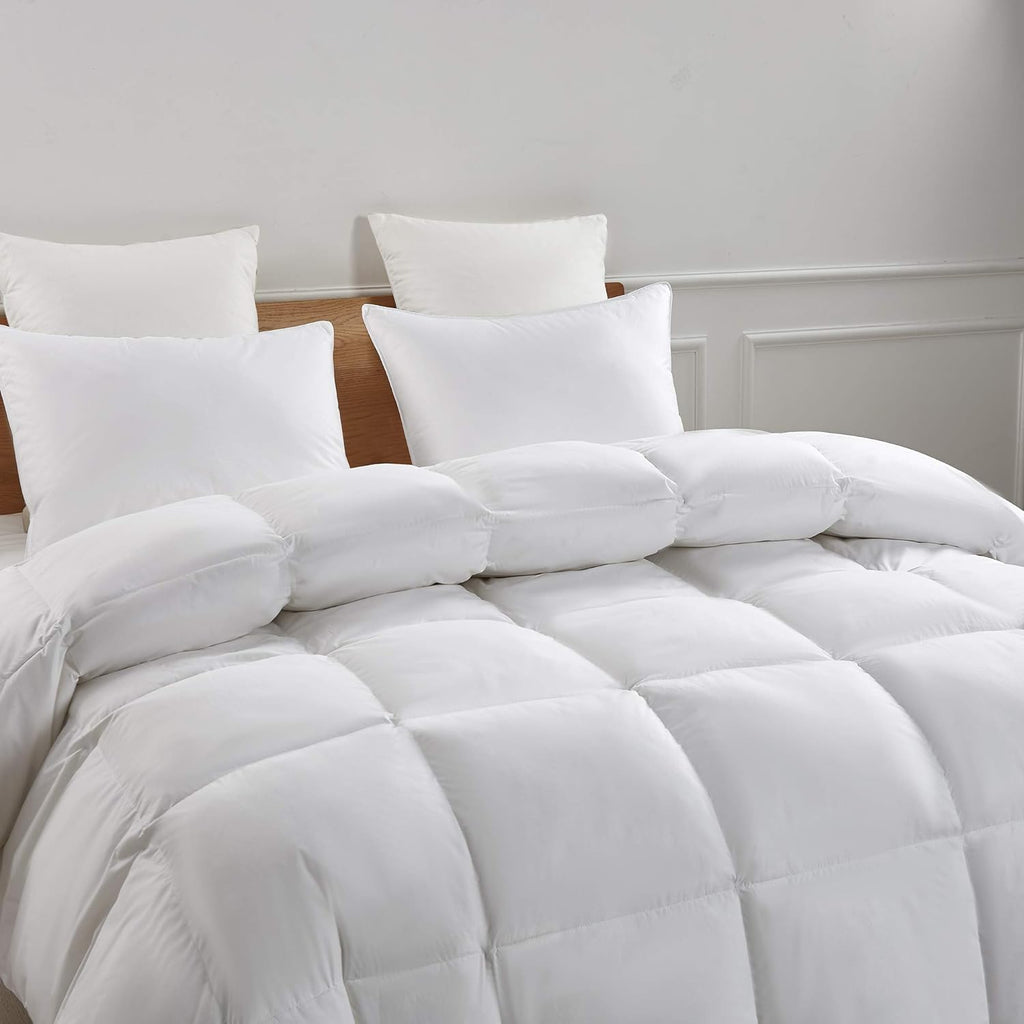 Serta Goose Feather Down Fiber Cotton Comforter Queen Size - 100% Cotton Duvet Insert - Hotel Luxury Hypoallergenic Bedding Comforter All Season Medium Warmth 90 x 90 Inch White,(Pack of 4)