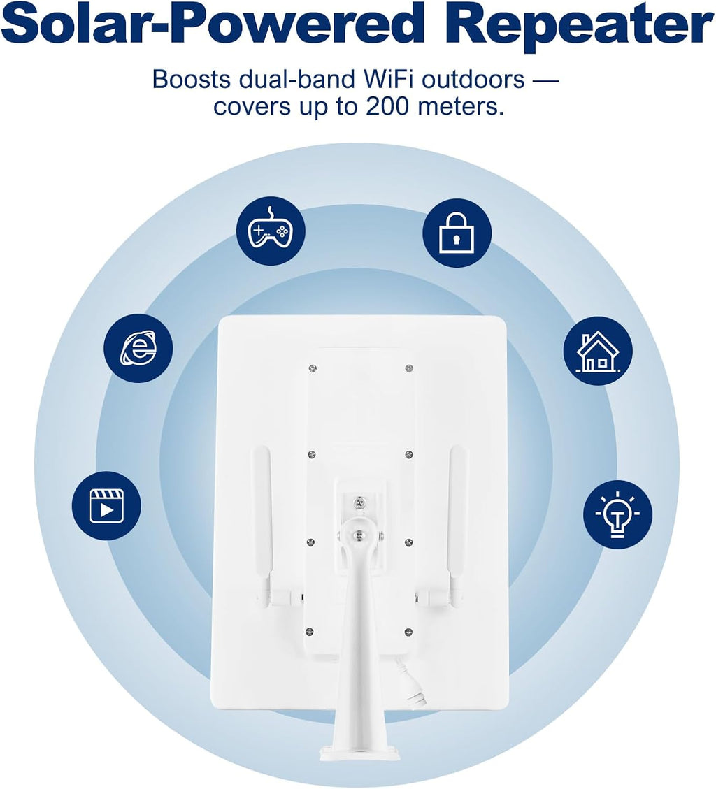 Solar WiFi Repeater, WiFi Extender Signal Booster, WiFi Amplifier, 2.4GHz 300Mbps Cover 200m Range, IP66 Waterproof for Yards, Farm and Outdoor Area