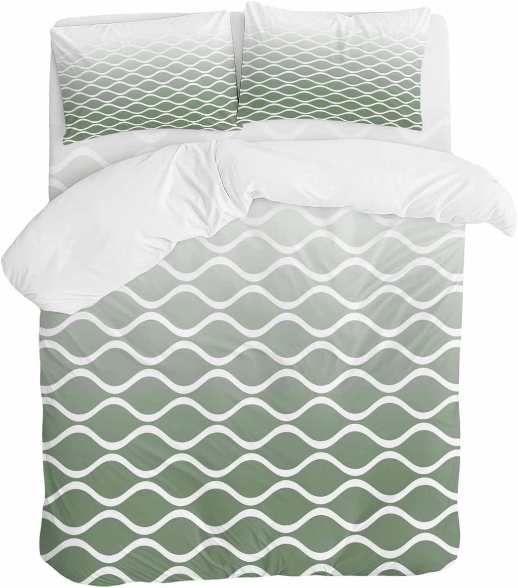 Green Ombre Morocco Duvet Cover Set Queen Size 4 Pieces Modern Geometric Wave Lines Abstract Bedding Set with Zipper Closure, 1 Comforter Cover 92x106 Inches 1 Flat Sheet & 2 Pillow Cases