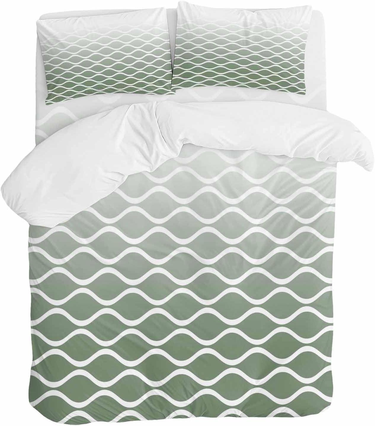 Green Ombre Morocco Duvet Cover Set Queen Size 4 Pieces Modern Geometric Wave Lines Abstract Bedding Set with Zipper Closure, 1 Comforter Cover 92x106 Inches 1 Flat Sheet & 2 Pillow Cases