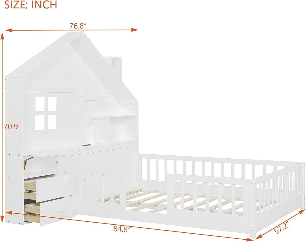 Full Floor House Bed for Kids, Wood Montessori Floor Bed with Rails, Window and Bedside Drawers, Kids Full Platform Bed with Shelves and a Set of Sockets and USB Port (Full,White)