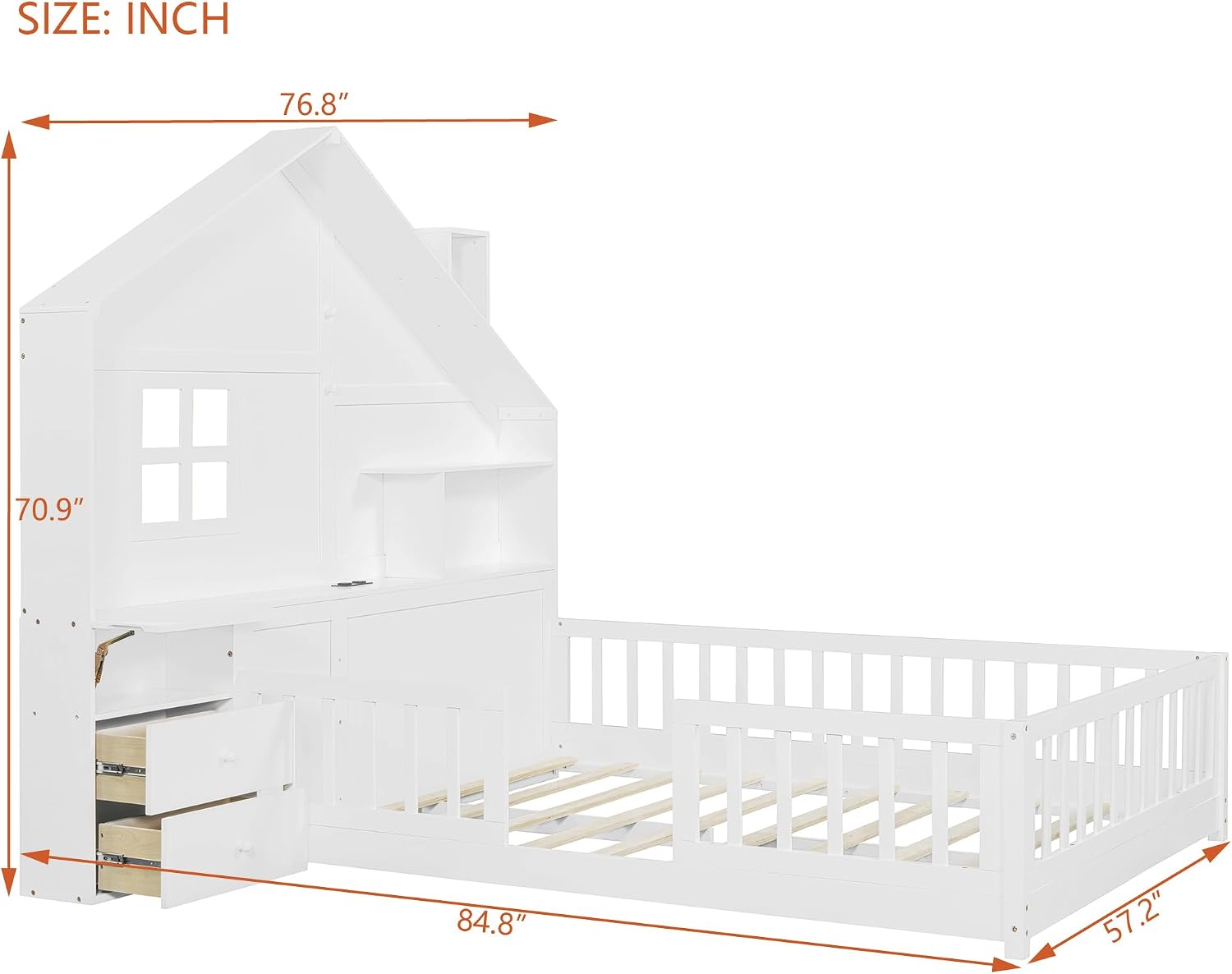 Full Floor House Bed for Kids, Wood Montessori Floor Bed with Rails, Window and Bedside Drawers, Kids Full Platform Bed with Shelves and a Set of Sockets and USB Port (Full,White)