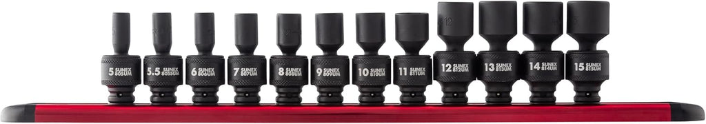 SUNEX TOOLS 1814, 1/4 Inch Drive Universal Impact Socket Set, 12-Piece, Metric, 5mm - 15mm, Cr-Mo Steel, Radius Corner Design, Chamfered Opening, Dual Size Markings, Heavy Duty Storage Case
