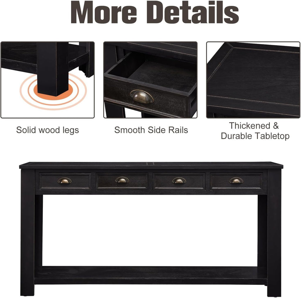 kinbor Long Sofa Table - Black 60 Inch Console Tables for Living Room, Hallway Table with 4 Drawers, Modern Wood Entryway Table with Storge Shelf