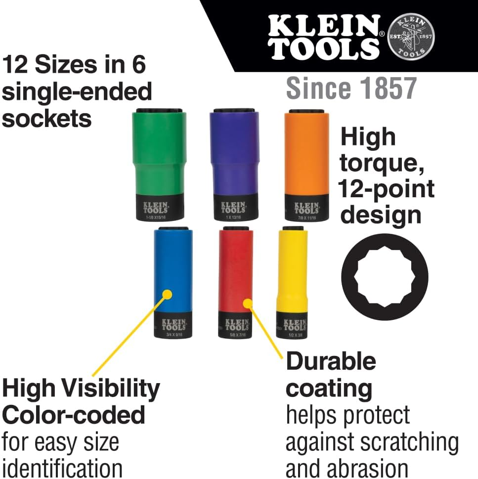 Klein Tools 66033 1/2-Inch Drive SAE Impact Socket Set with 12-Point Deep Sockets, High Visibility, Color Coated, Case Included, 6-Piece