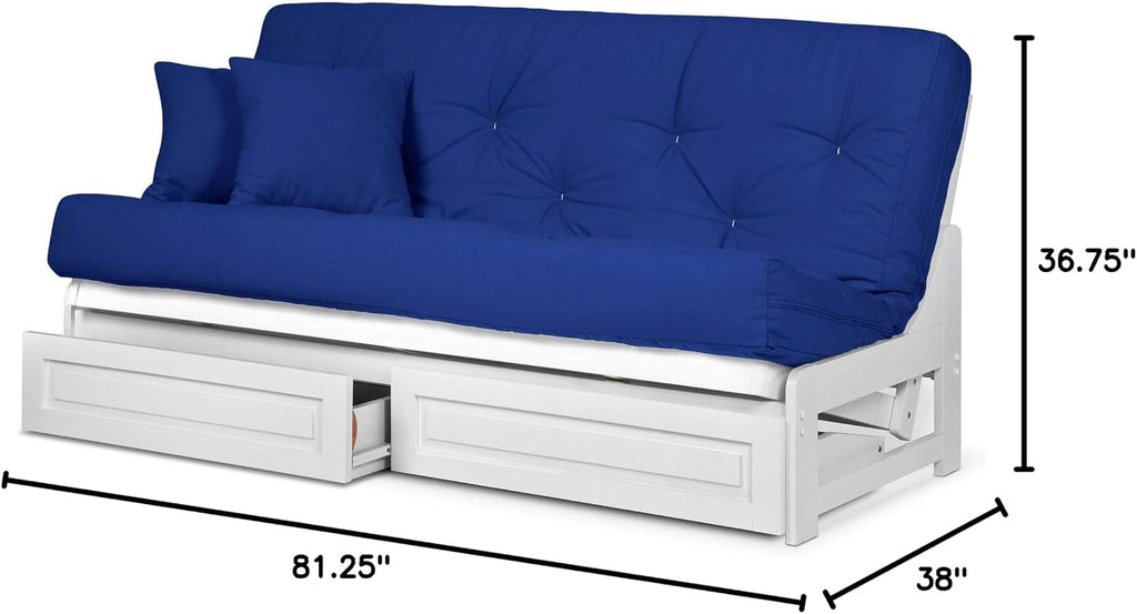 Nirvana Futons Arden White Futon with Bottom Storage Drawers (Queen Size) - Mattress Included (Twill Royal Blue), More Color Options Available