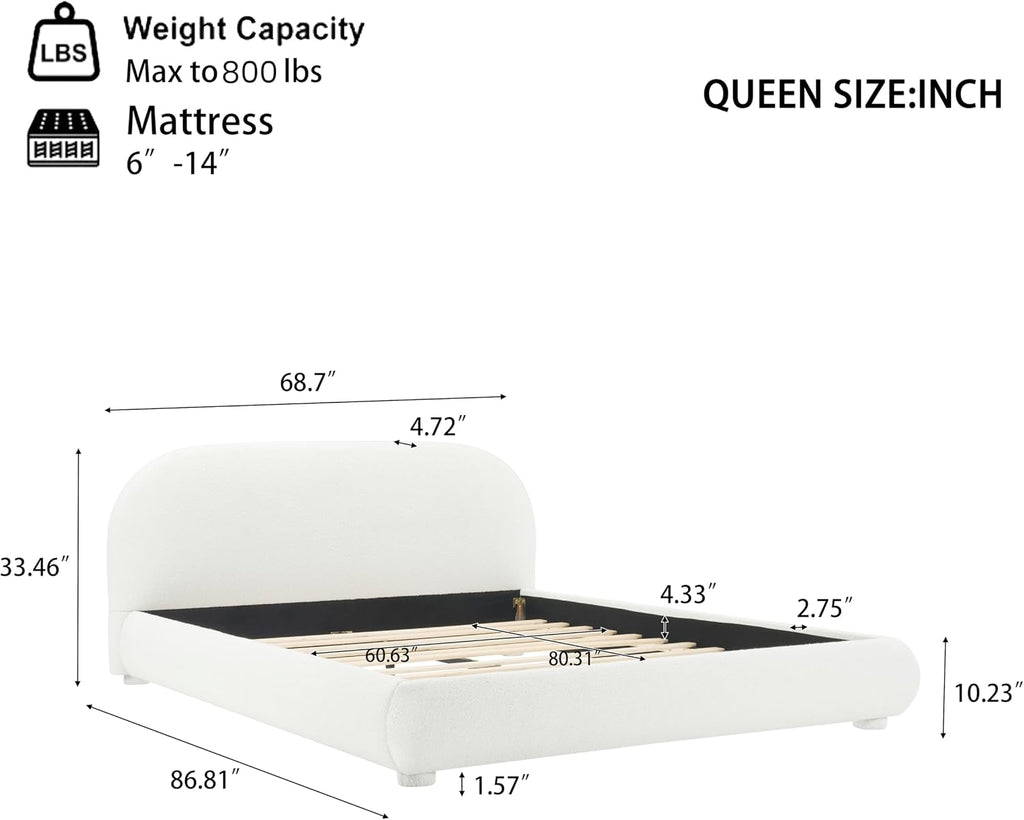 Curve-Shaped Upholstered Platform Bed with Curved Shaped Headboard, Queen Size Wood Bed Frame for Kids Adults Bedroom Furniture, Velvet Thick Fabric Upholstered Bed Grounded Bed (Cream, Queen)
