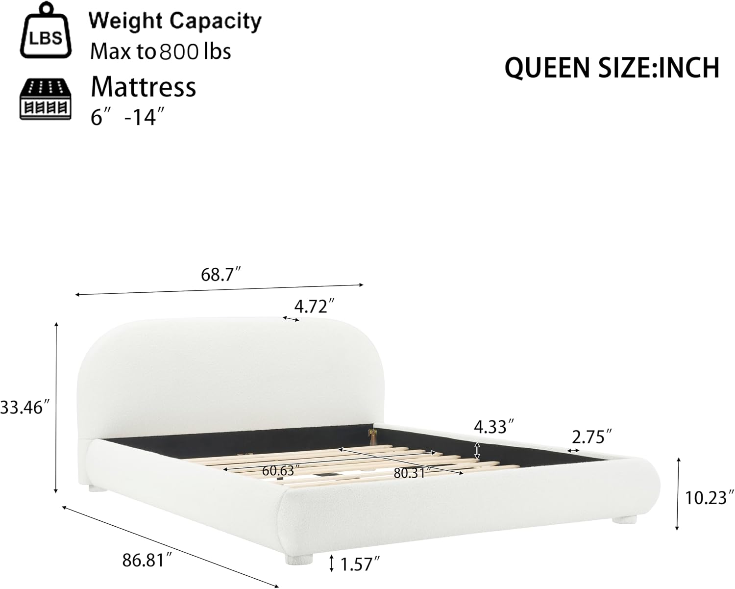 Curve-Shaped Upholstered Platform Bed with Curved Shaped Headboard, Queen Size Wood Bed Frame for Kids Adults Bedroom Furniture, Velvet Thick Fabric Upholstered Bed Grounded Bed (Cream, Queen)