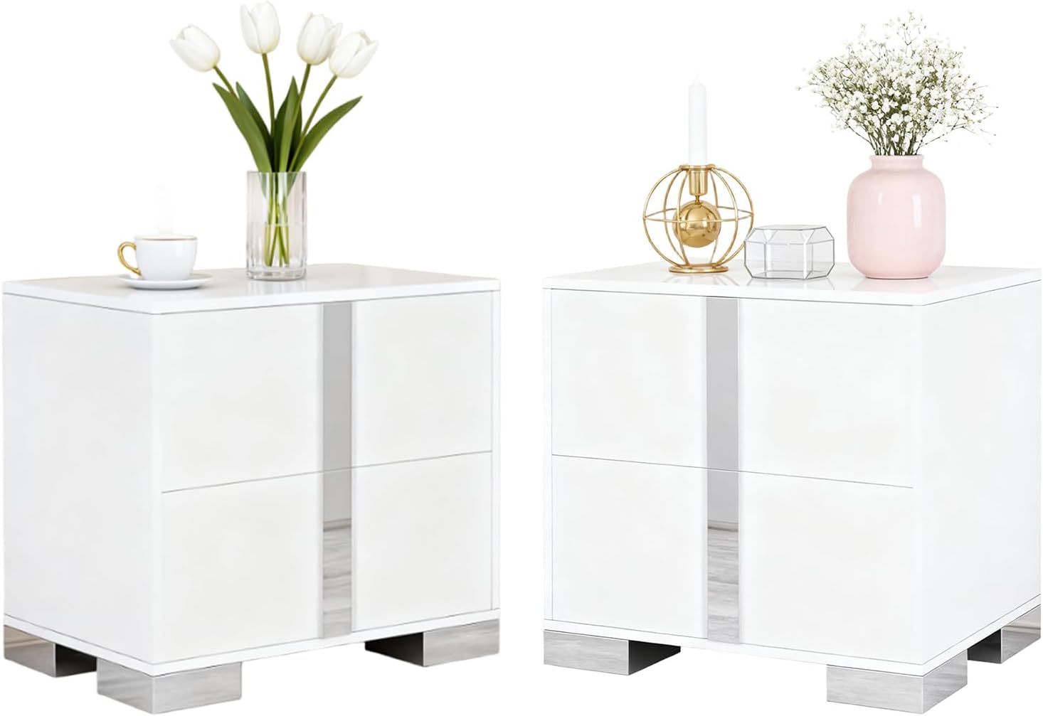Henf Modern White Nightstand Set of 2 for Bedroom, Elegant 2 Drawer Nightstand with Silver Mirrored Handle and Base, Wood End Table Sofa Side Table for Small Place Living Room Bedroom (White)