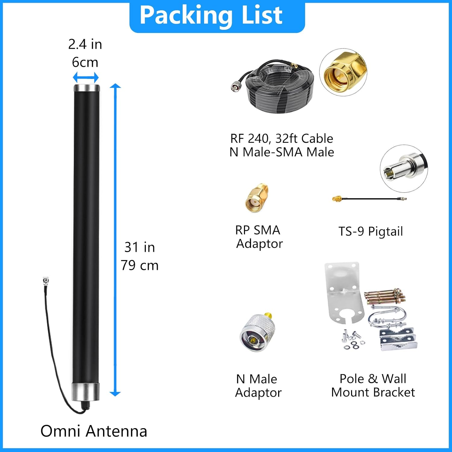 Omni Directional Outdoor 4g 5g LTE GSM Cellular Antenna Set for Cell Phone Signal Booster/Modem/Router/Hotspot with 32ft Cable SMA TS9 RPSMA Connector High Gain Long Range