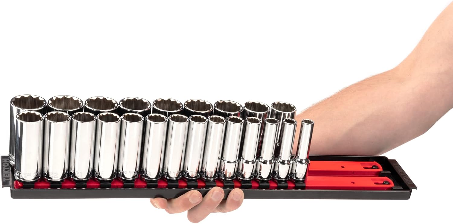 TEKTON 1/2 Inch Drive Deep 12-Point Socket Set with Rails and Tray, 23-Piece (10-32 mm) | SHD92121