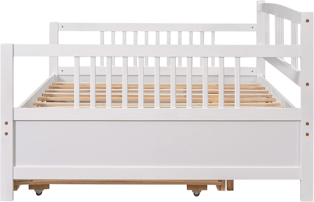Full Size Daybed Wood with Double Ded Hideaway Trundle,Multi-Functional Design Bed Frame,W/Rails in Three Sides,Slat Support,No Box Spring Needed,forApartment,Bedroom,White