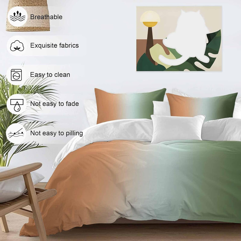 Gradient Sage Green Duvet Cover Set Queen Size 4 Pieces Modern Minimalist Orange Green Ocean Beach Bedding Set with Zipper Closure, 1 Comforter Cover 86x86 Inches 1 Flat Sheet & 2 Pillow Cases