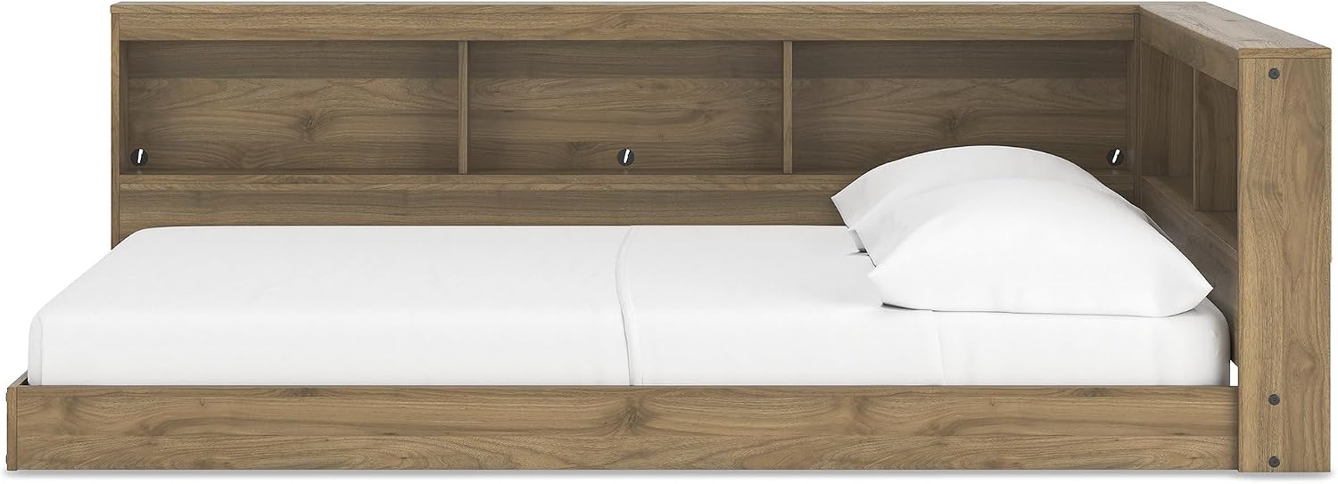 Signature Design by Ashley Deanlow Mid-Century Modern Full Bookcase Storage Floor Bed, No Foundation or Box Spring Needed, Wood, 26' High, Light Brown