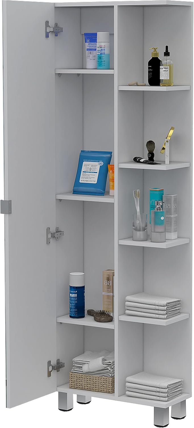 FM FURNITURE Los Angeles Mirror Linen Cabinet with 5 Open Shelves and 4 Inner Shelves, White