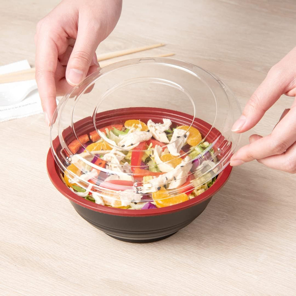 Restaurantware 18 Ounce Food Containers 200 Disposable Salad Bowls - Lids Included Microwavable Black And Red Plastic To Go Bowls Asian Inspired Perfect For Picnics Or Take Outs