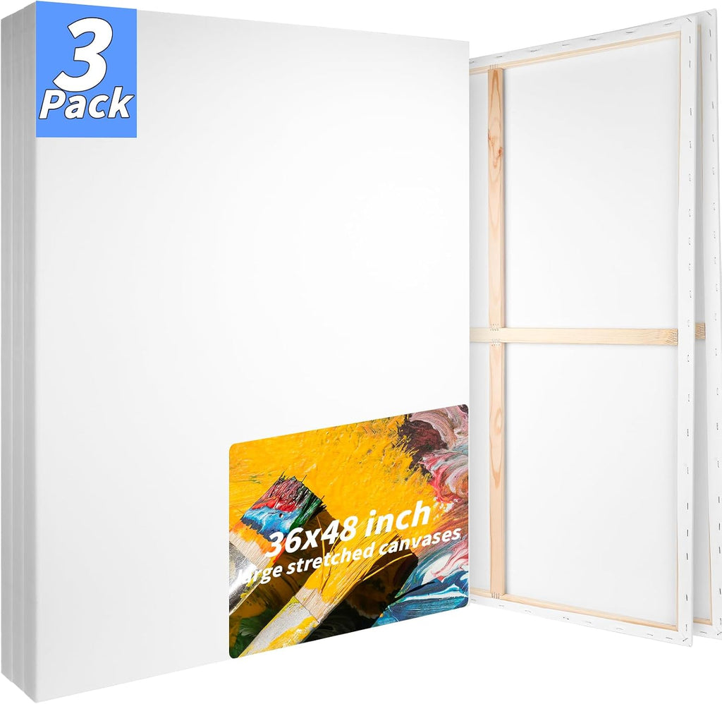 Oleitodh 3 PACK Stretched Canvases for Painting 48x36 100% Cotton Large Canvas Boards for Painting Bulk, White Painting Canvas for Oil, Acrylic Paint & Other Painting Media