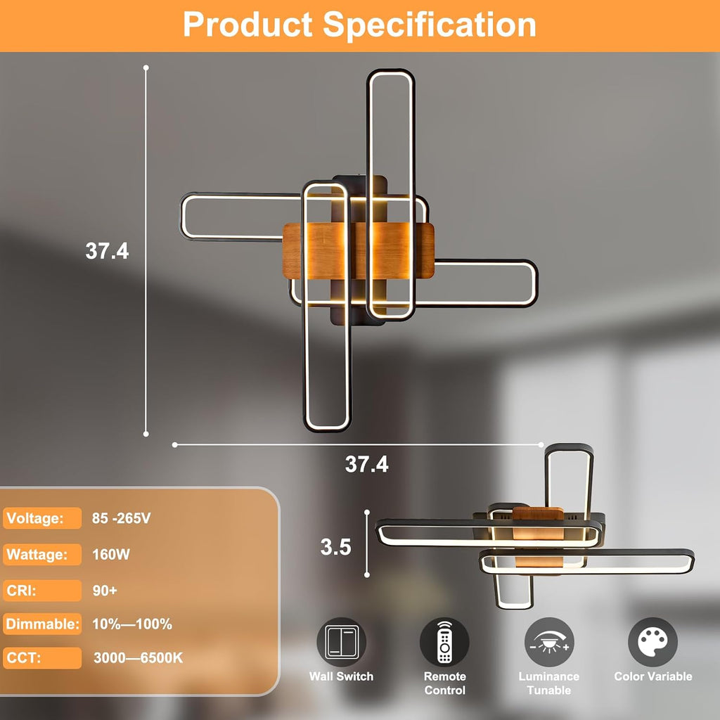 37.4' Modern LED Ceiling Lights with Remote Control 160W Dimmable Wood Ceiling Light Chandeliers, 3000K–6500K Large Close to Ceiling Lighting Fixture for Living Room Bedroom Kitchen