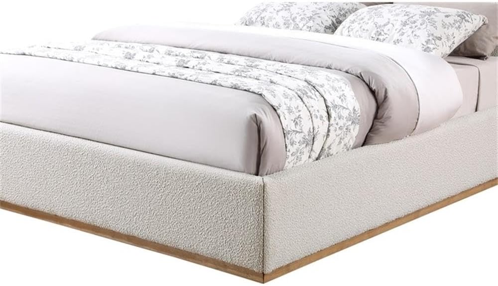Meridian Furniture MonacoCream-F Monaco Collection Modern | Contemporary Boucle Fabric Upholstered Full Bed with Solid Wood Natural Wire Brush Finish, 58.5' W x 82.5' D x 52' H, Cream, Full