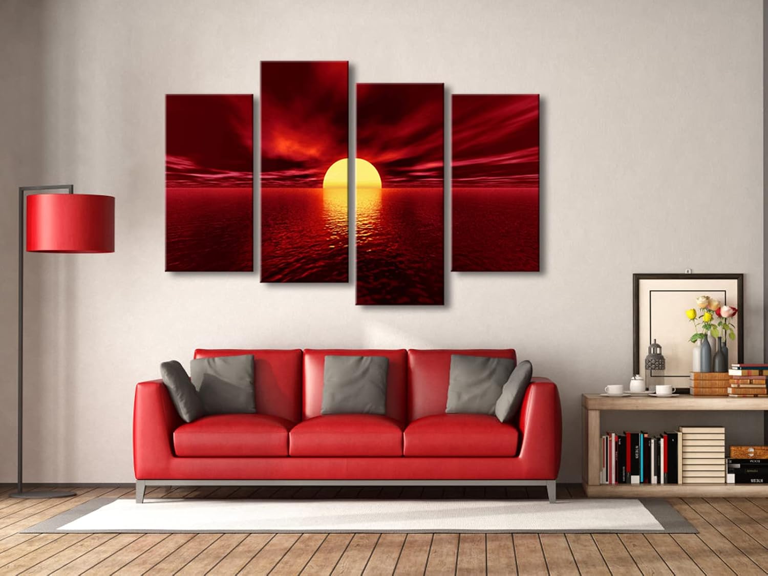 Wieco Art Large 4 Piece Red Sea Canvas Wall Art, Modern Sun Seascape Beach Canvas Prints, Stretched Ocean Landscape Artwork, Ready to Hang Wall Decor for Living Room Bedroom Home Office