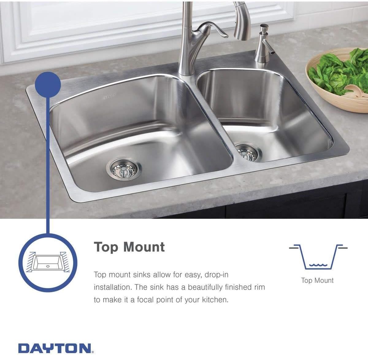 Elkay Dayton Stainless Steel 33' x 21-1/4' x 5-3/8', 2-Hole Equal Double Bowl Drop-in Sink