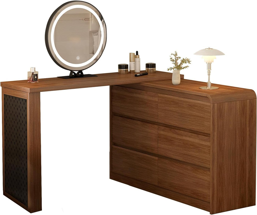 Messenya Makeup Vanity Desk with Touch Screen Mirror, 50-90 in Adjustable Sturdy Vanity Table Set, Bedroom Elegant Dressing Table for Women with 6 Drawer Rounded Corners Storage Cabinet, Brown