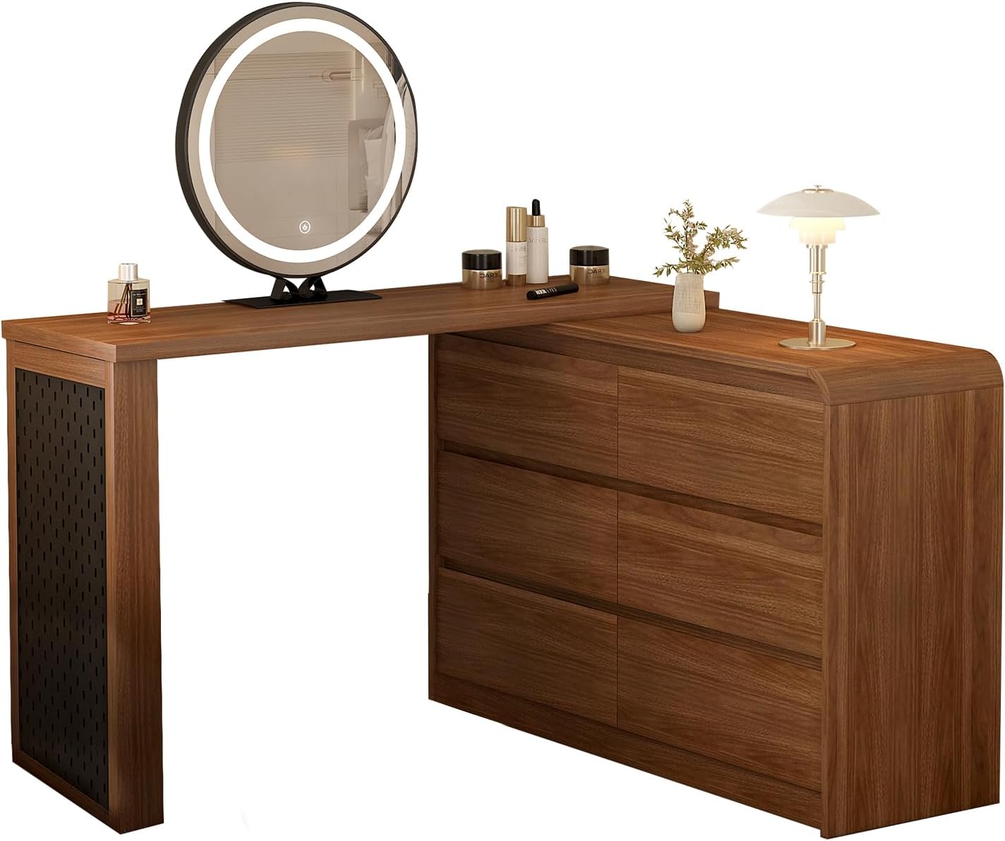 Messenya Makeup Vanity Desk with Touch Screen Mirror, 50-90 in Adjustable Sturdy Vanity Table Set, Bedroom Elegant Dressing Table for Women with 6 Drawer Rounded Corners Storage Cabinet, Brown