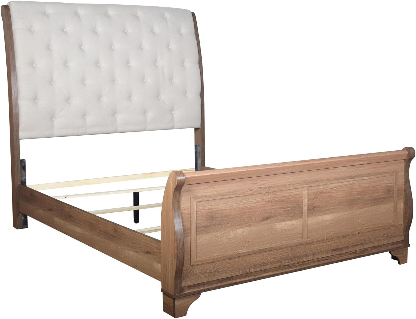 HomeStock Wood Bed Frame with Upholstered Headboard - Pecan Finish - Modern Rustic Bedroom Furniture King