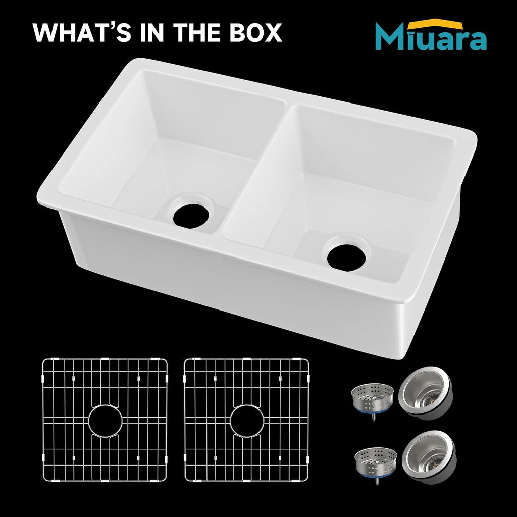 Miuara White Undermount Kitchen Sink 32 Inch Double Bowl 50/50 - Topmount Fireclay Drop In Sink 32'x19'x10', Dual Mount, Heavy Duty Dual Basin, with 4 Custom Accessories, Glossy White, for Kitchen