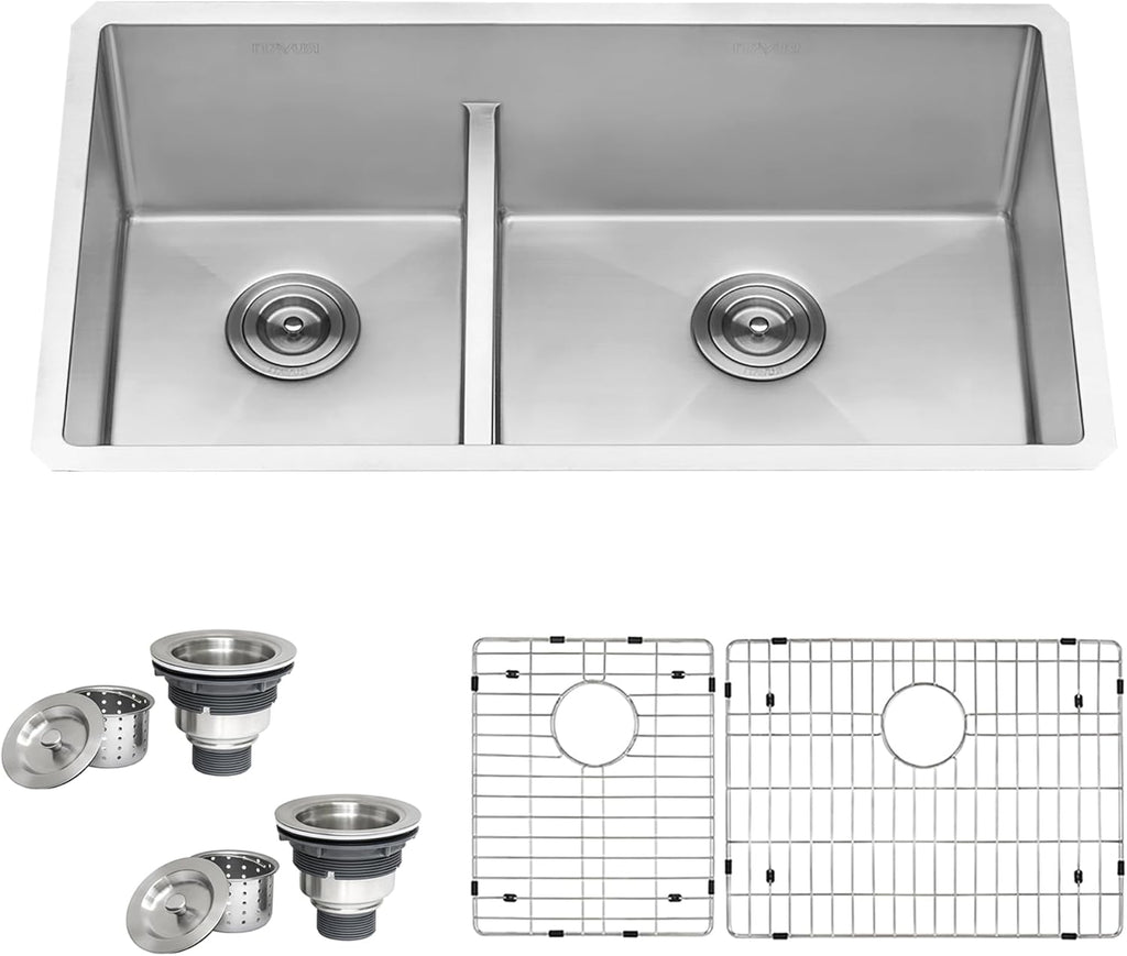 Ruvati 33-inch Low-Divide Rounded Corners Undermount Kitchen Sink - 40/60 Double Bowl Kitchen Sinks - 16 Gauge Stainless Steel Kitchen sink with Brushed Finish hides scratches - RVH7418