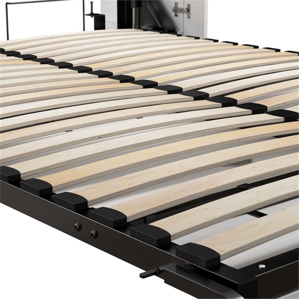 Pemberly Row 61' Engineered Wood Full Murphy Bed with Desk, White Finish, Space-Saving Bedroom Furniture Set, Dual Piston Mechanism, Flip-Up Work Surface, Wall-Mount Installation, Durable Steel Frame