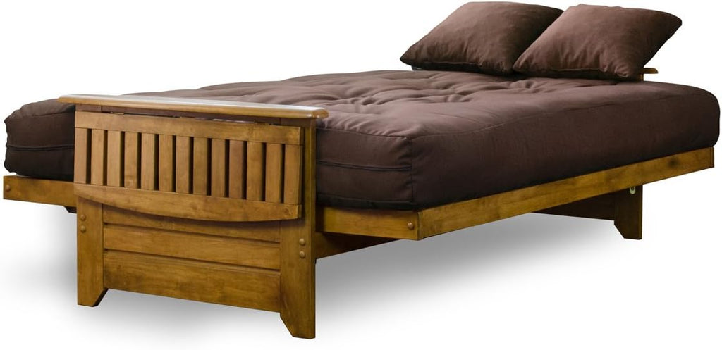 Nirvana Futons Brentwood Tray Arm Futon Frame, Drawers, and Microfiber Fudge Mattress Set - Full, Heritage Finish