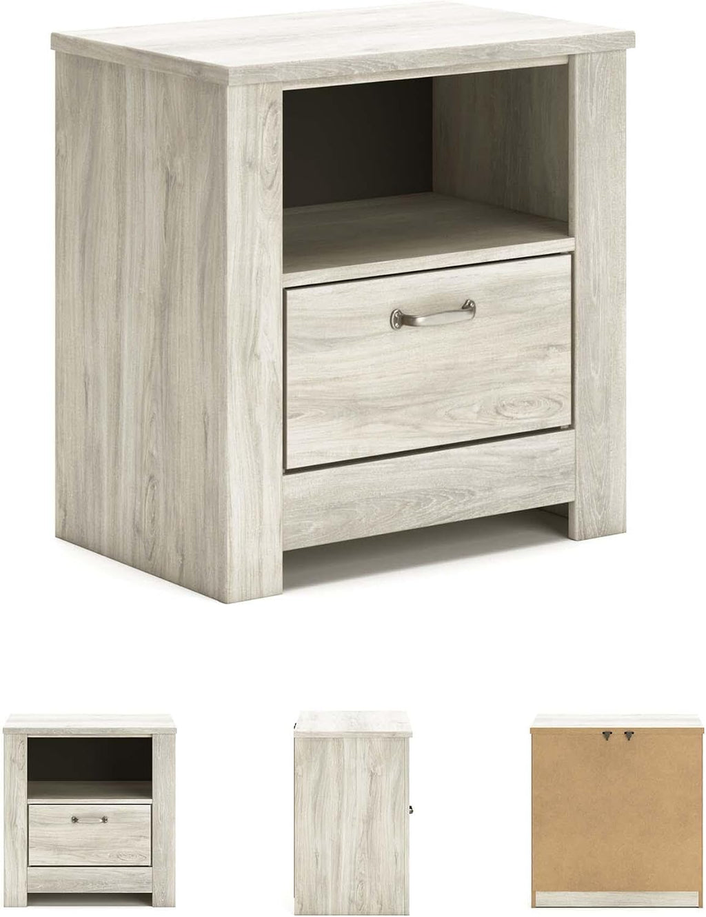 Signature Design by Ashley Bellaby Farmhouse 1 Drawer Nightstand with 1 Storage Cubby & Slim-Profile USB Charging Station, 24.61' Tall, Whitewash