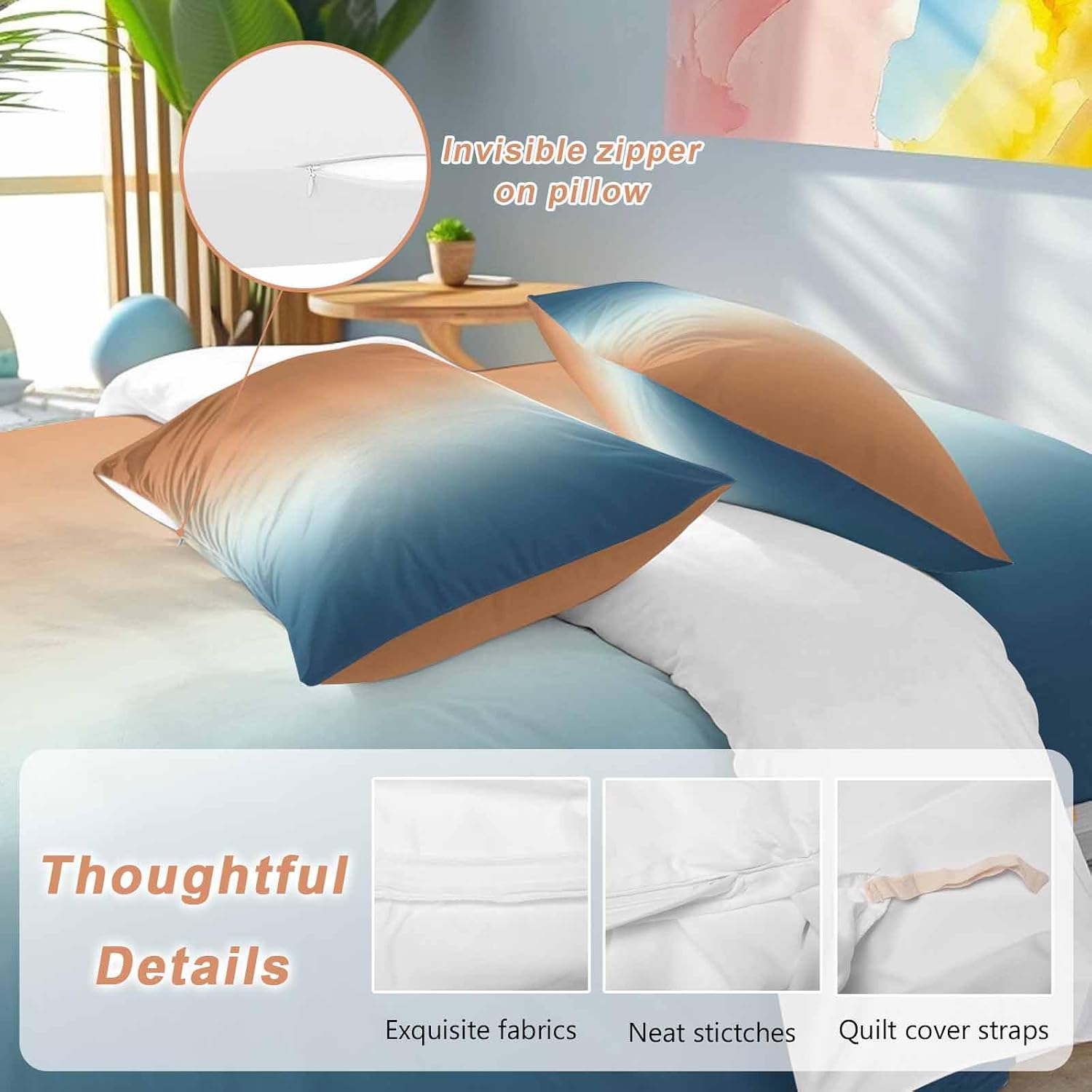 Gradient Orange Blue Duvet Cover Set Queen Size 4 Pieces Modern Abstract Minimalist Blue Ocean Beach Bedding Set with Zipper Closure, 1 Comforter Cover 90x92 Inches 1 Flat Sheet & 2 Pillow Cases