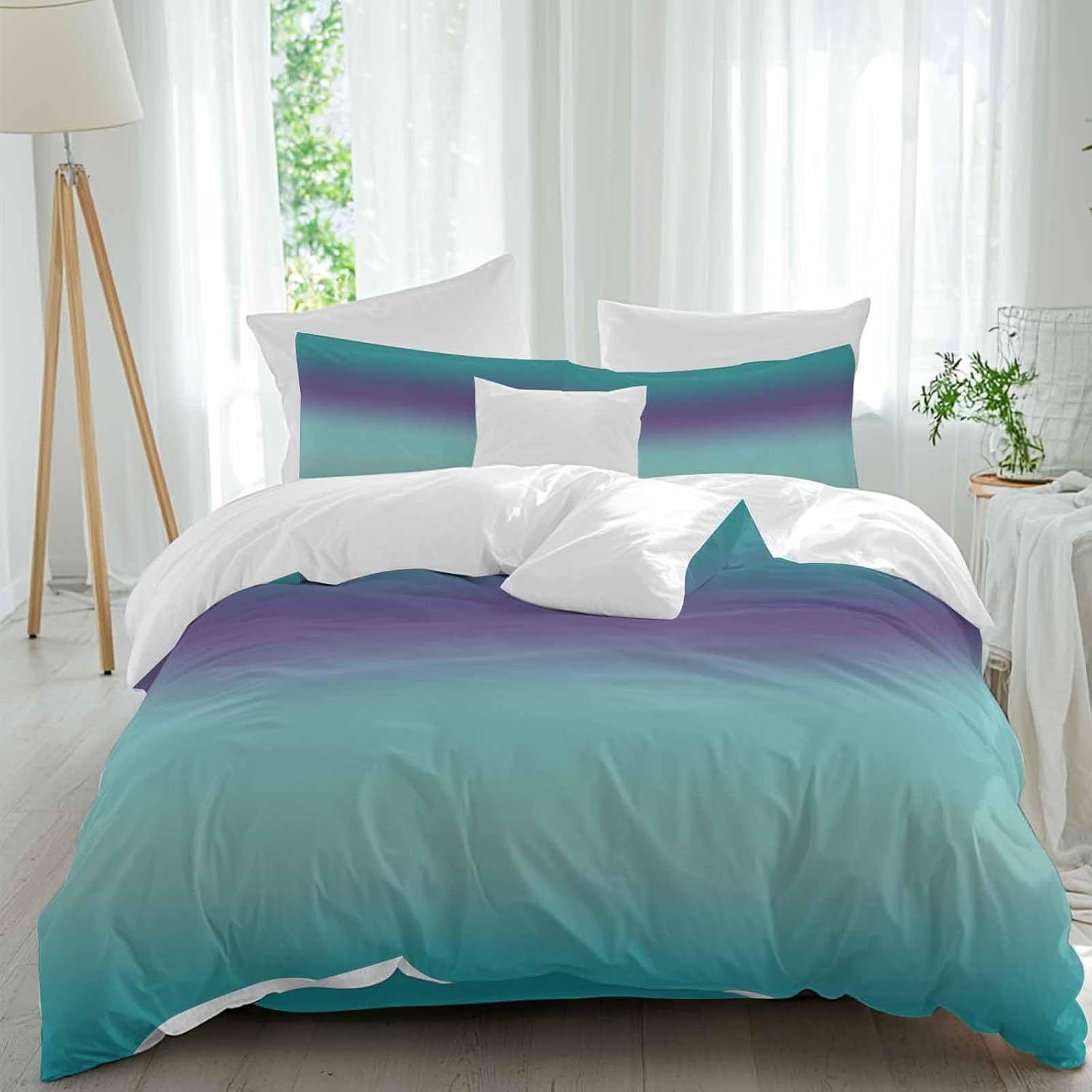 Gradient Green Duvet Cover Set Queen Size 4 Pieces Modern Minimalist Green Purple Ocean Beach Bedding Set with Zipper Closure, 1 Comforter Cover 86x86 Inches 1 Flat Sheet & 2 Pillow Cases