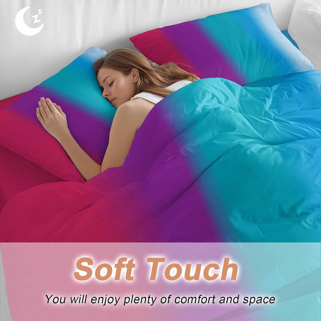 Gradient Art Duvet Cover Set Queen Size 4 Pieces Modern Pink Purple Teal Blue Color Stripes Ombre Bedding Set with Zipper Closure, 1 Comforter Cover 92x106 Inches 1 Flat Sheet & 2 Pillow Cases