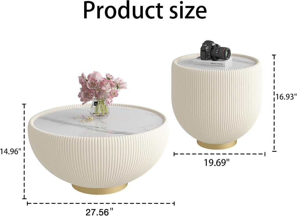 Round Coffee Table Set, 27.56' White Drum Center Table and 19.69' White Coffee Table Set, 2 Pieces Living Room Table Set with Sintered Stone Tabletop, Fluted PU Leather Covered and Metal Base
