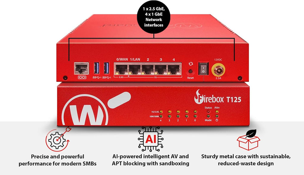 WatchGuard Firebox T125-W with 5 Year Basic Security Suite - Wi-Fi 7 Firewall, 1x 2.5Gb + 4X 1Gb Ports, High-Speed Security for Remote Offices (WGT126035)