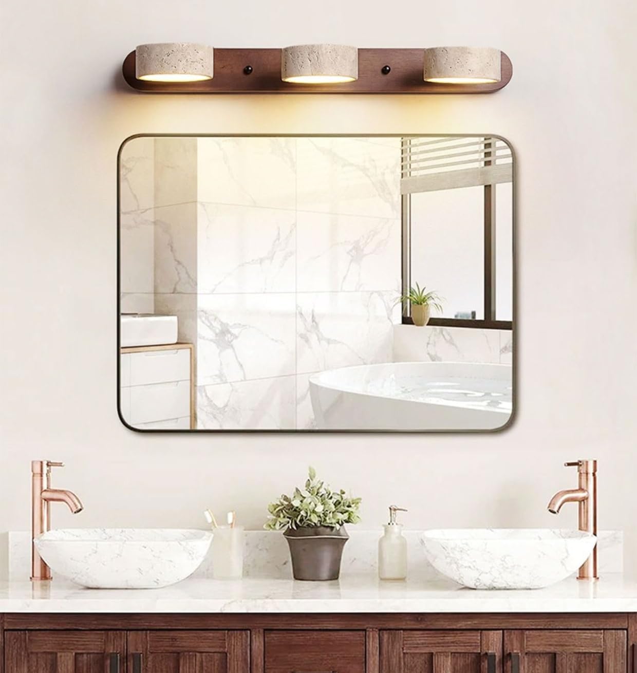 Dark Wood Farmhouse Bathroom Vanity Light Modern Stone Cylinder Wall Lamp 3 Lights Travertine Shade Linear Bathroom Wall Sconce Rotatable LED Wall Light Over Mirror - Walnut Color