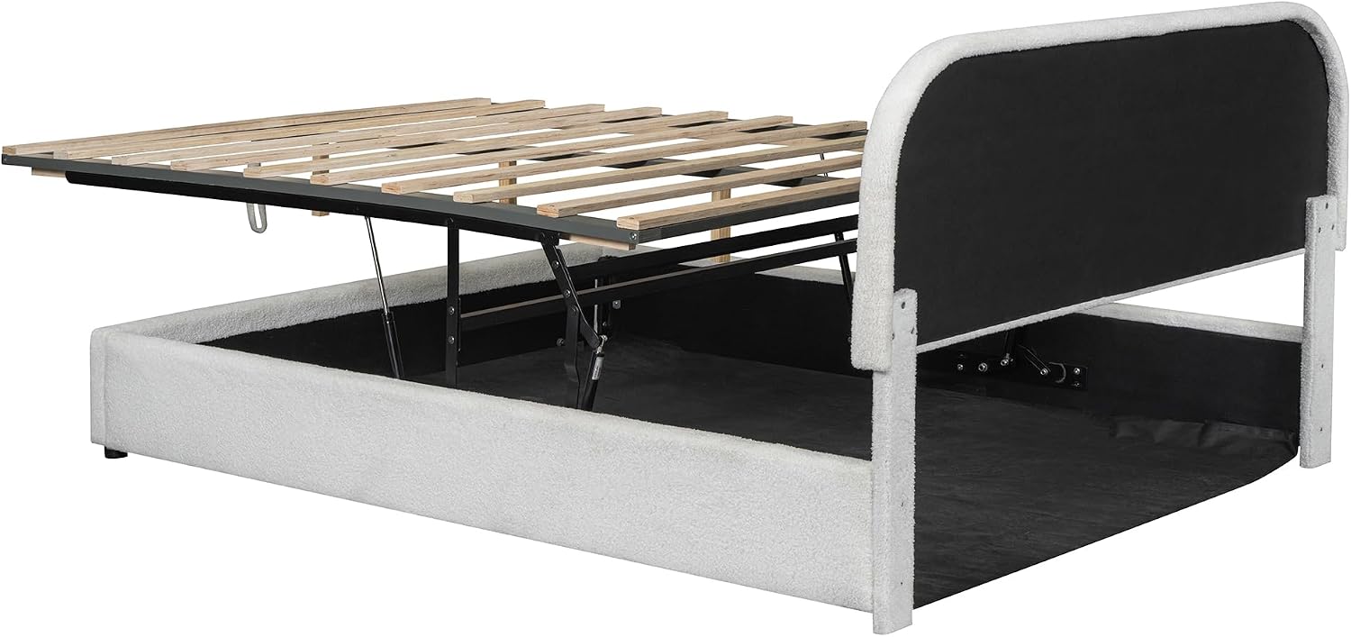 Upholstered Platform Bed with Hydraulic Storage System and Curved Shaped Headboard, Queen Size Wood Bed Frame for Kids Adults Bedroom Furniture, Teddy Fleece Thick Upholstered Bed Grounded Bed