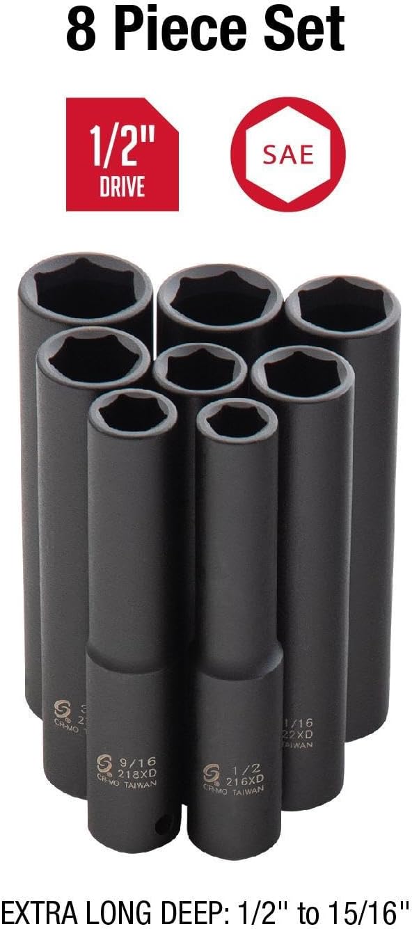 SUNEX TOOLS 2848, 1/2 Inch Drive Impact Socket Set, Extra Long Deep, 8-Piece, SAE, 1/2'-15/16', Cr-Mo Alloy Steel, Radius Corner Design, Dual Size Markings, Heavy Duty Storage Case