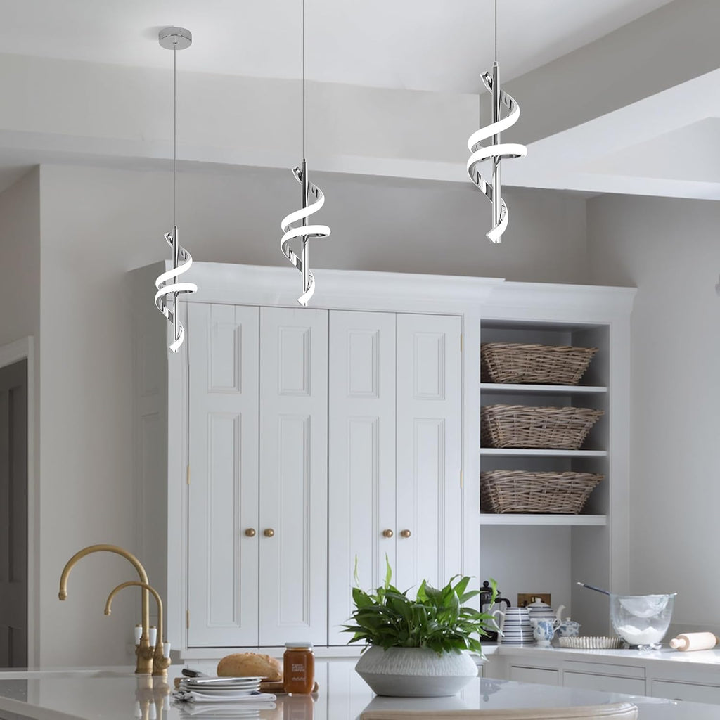 Spiral Led Pendant Light Fixtures, 5500K Cold White Modern Led Pendant Lamp Kitchen Island, Adjustable Height Kitchen Island Lights Fixtures for Dining Room Kitchen Bedroom Cafe, 3 Packs