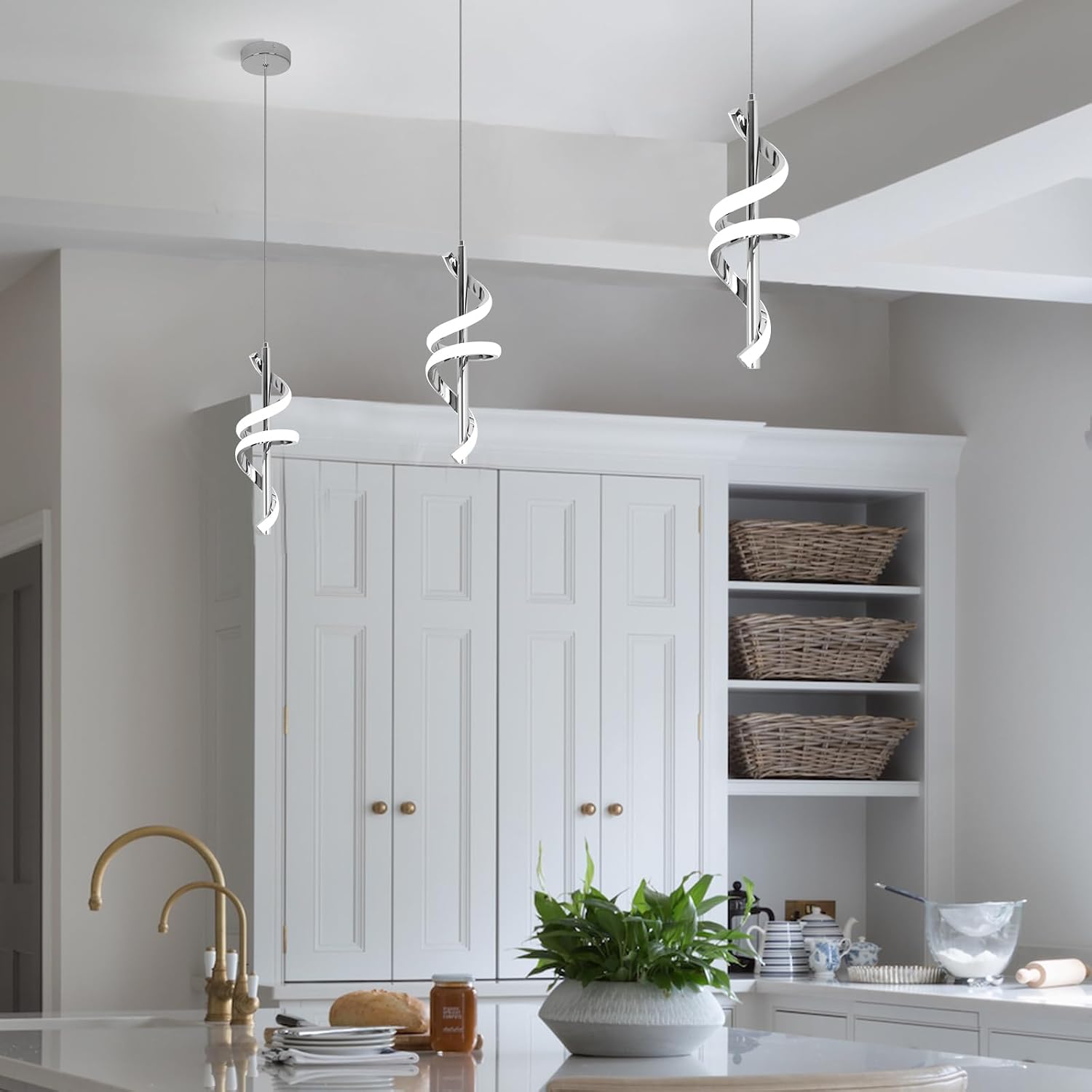 Spiral Led Pendant Light Fixtures, 5500K Cold White Modern Led Pendant Lamp Kitchen Island, Adjustable Height Kitchen Island Lights Fixtures for Dining Room Kitchen Bedroom Cafe, 3 Packs