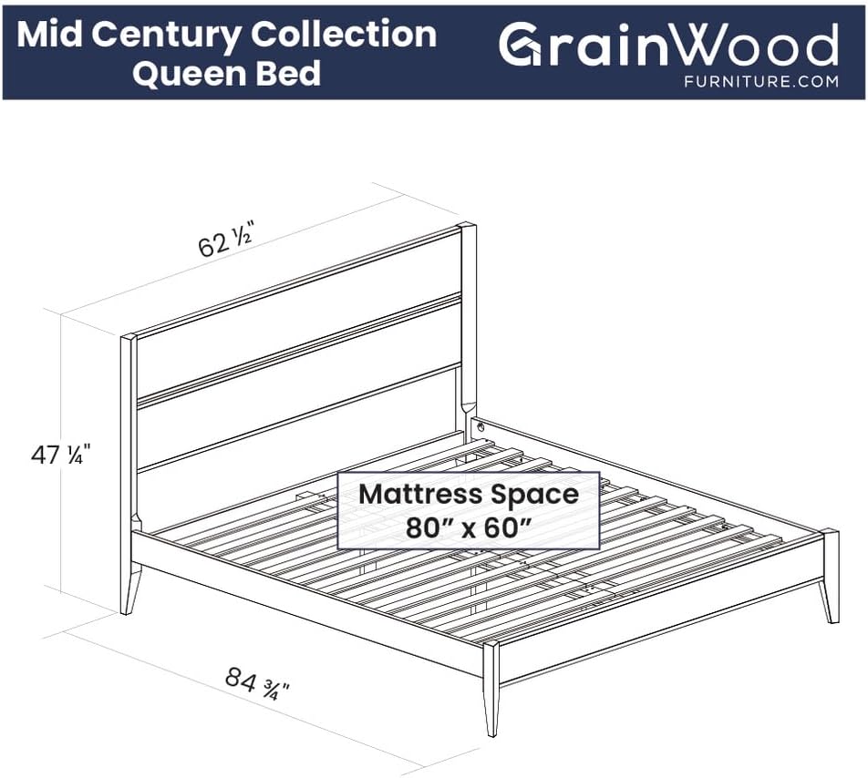 Grain Wood Furniture Mid Century Solid Wood Platform Bed, Queen Size, Brushed Natural